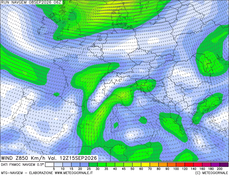 mappa Direzione e forza del vento a 850hPa