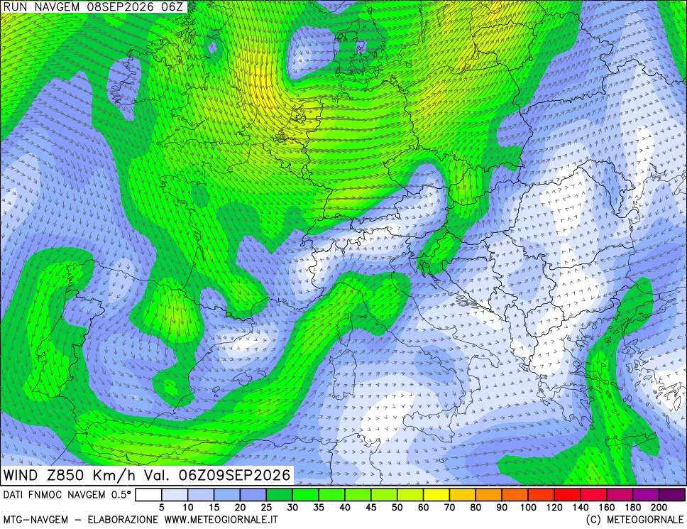 mappa Direzione e forza del vento a 850hPa