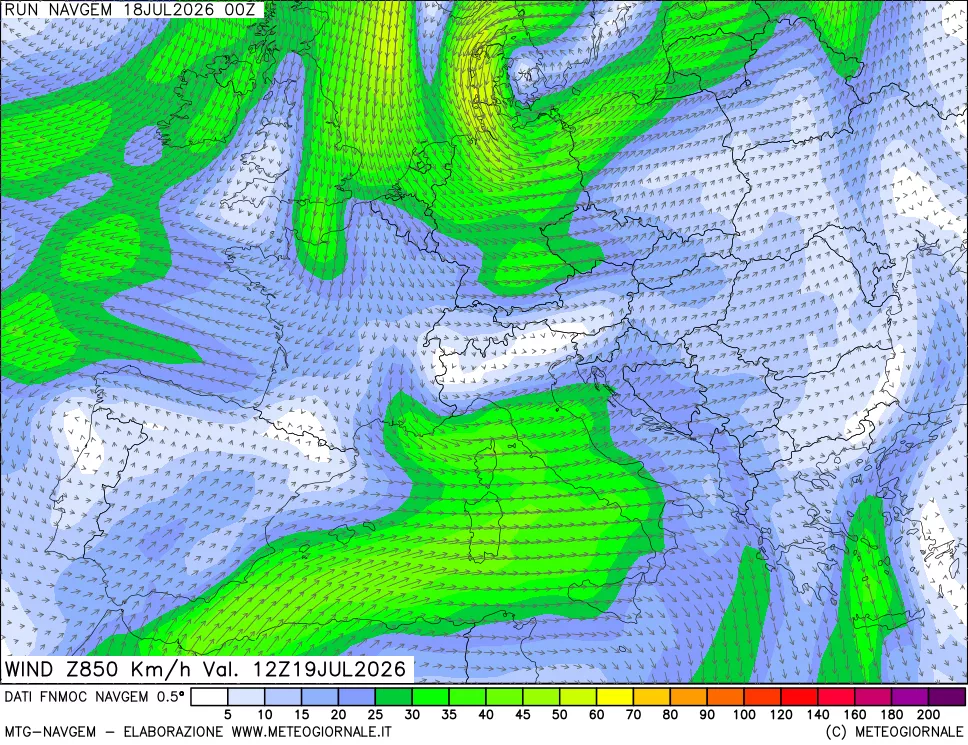 mappa Direzione e forza del vento a 850hPa