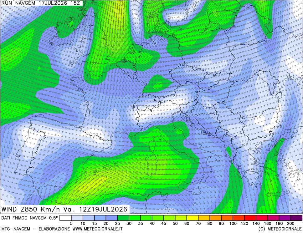 mappa Direzione e forza del vento a 850hPa