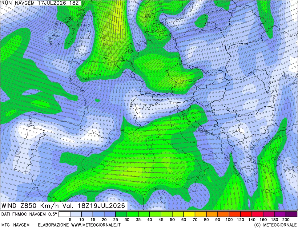 mappa Direzione e forza del vento a 850hPa
