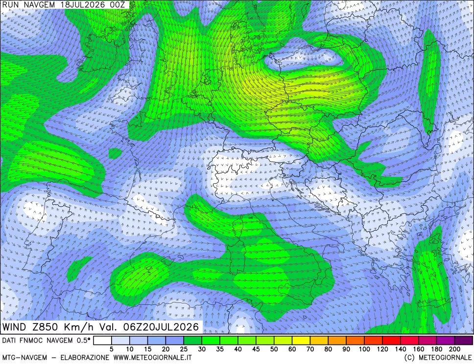 mappa Direzione e forza del vento a 850hPa