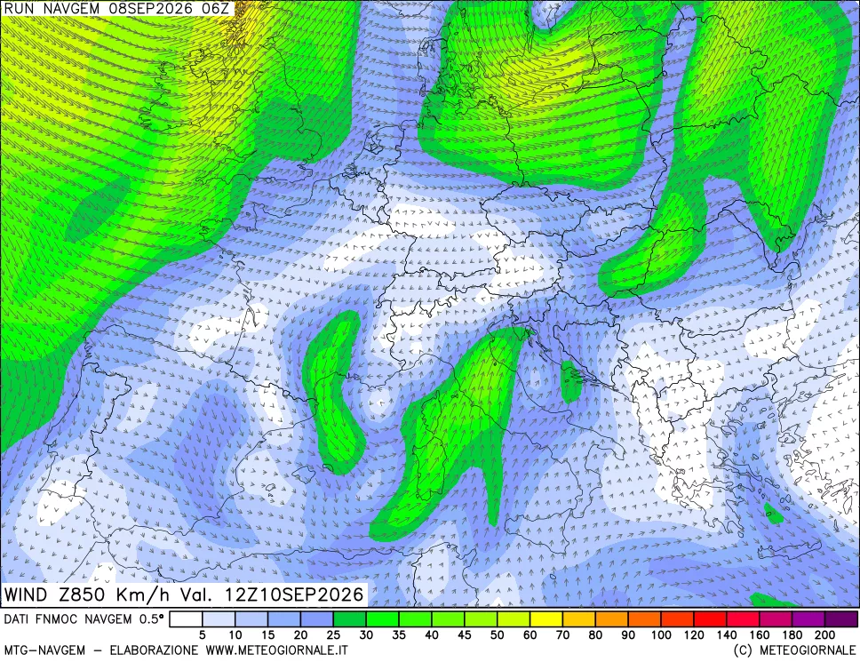 mappa Direzione e forza del vento a 850hPa