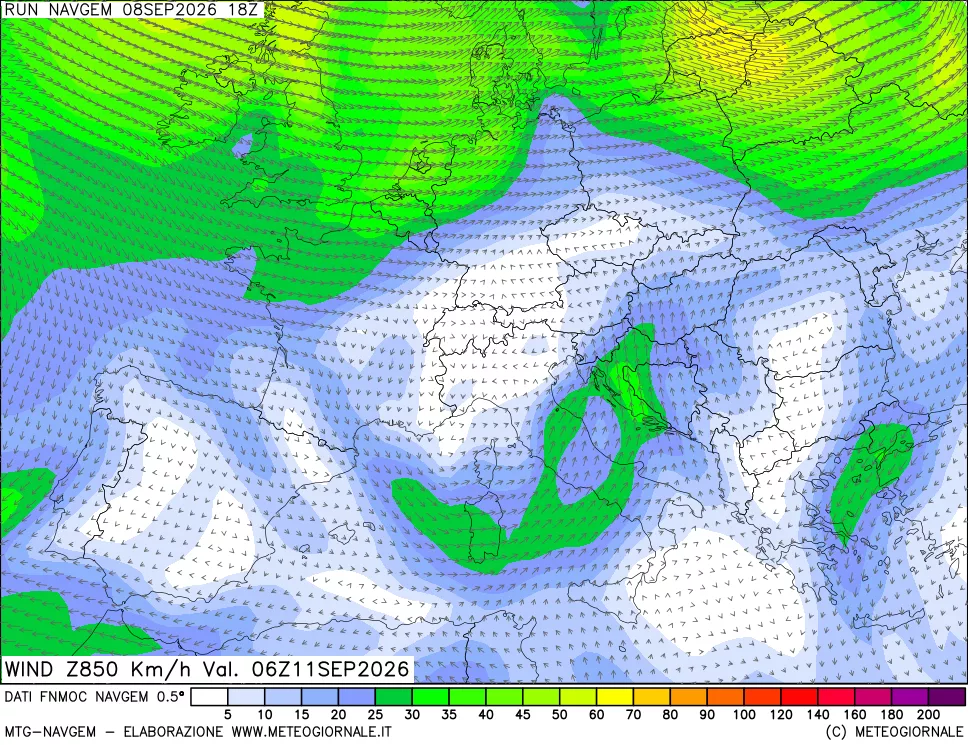 mappa Direzione e forza del vento a 850hPa