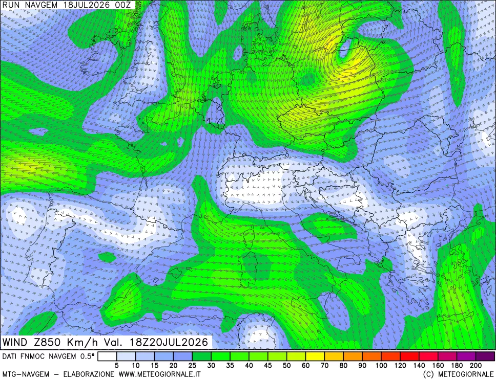 mappa Direzione e forza del vento a 850hPa