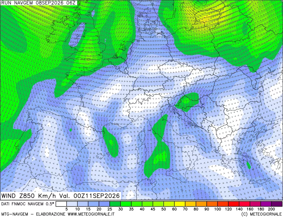 mappa Direzione e forza del vento a 850hPa