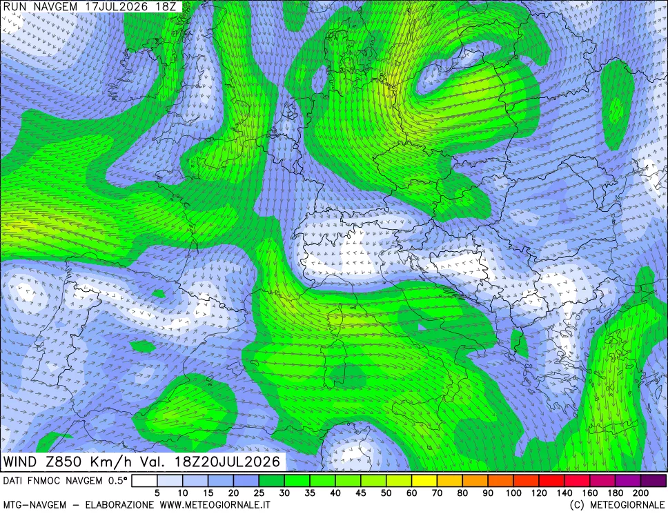 mappa Direzione e forza del vento a 850hPa