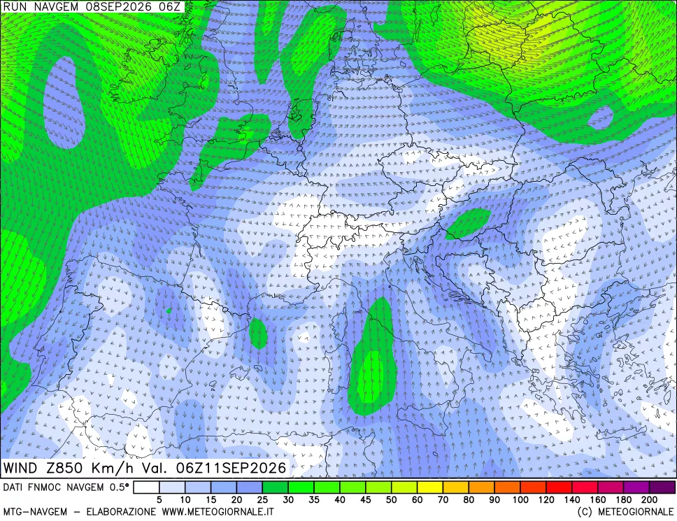 mappa Direzione e forza del vento a 850hPa