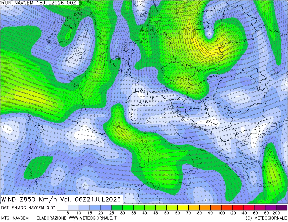mappa Direzione e forza del vento a 850hPa