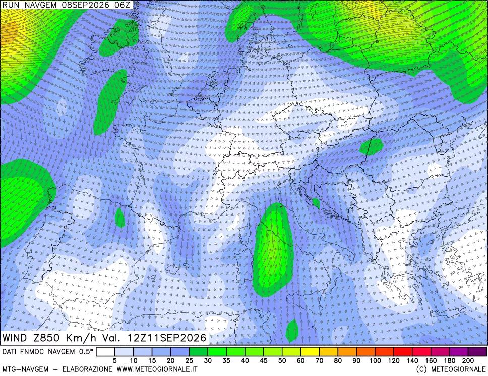mappa Direzione e forza del vento a 850hPa