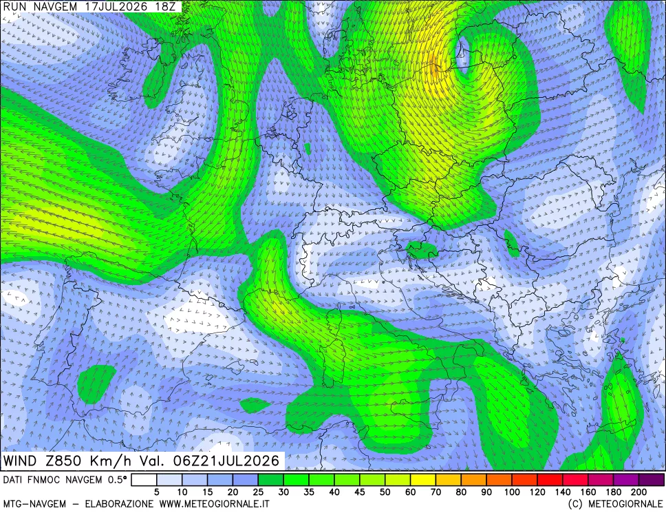 mappa Direzione e forza del vento a 850hPa