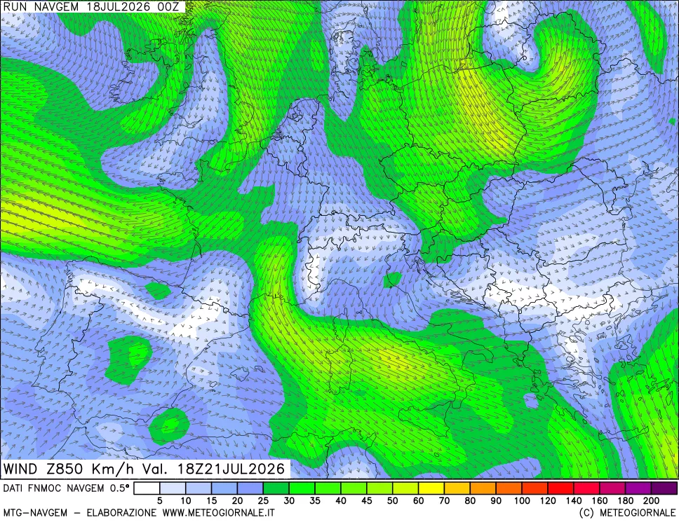 mappa Direzione e forza del vento a 850hPa