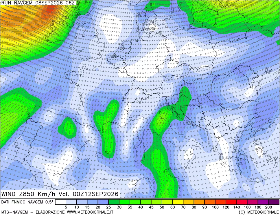 mappa Direzione e forza del vento a 850hPa
