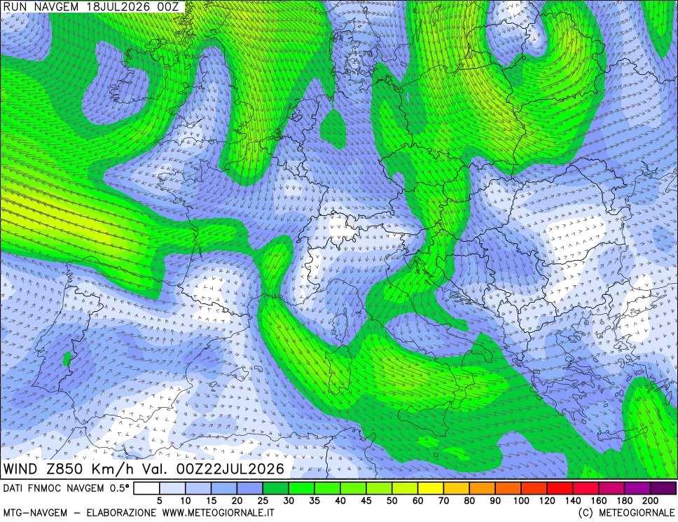 mappa Direzione e forza del vento a 850hPa