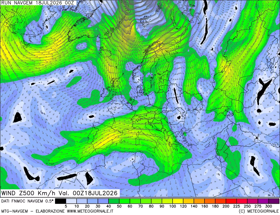 mappa Direzione e forza del vento a 500hPa