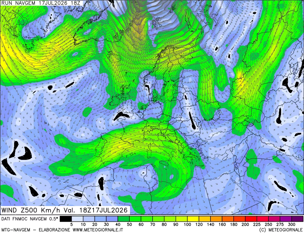 mappa Direzione e forza del vento a 500hPa