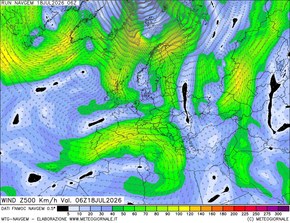 mappa Direzione e forza del vento a 500hPa