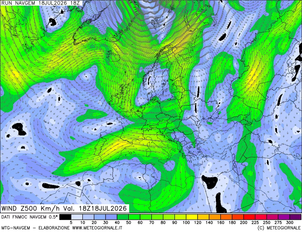 mappa Direzione e forza del vento a 500hPa