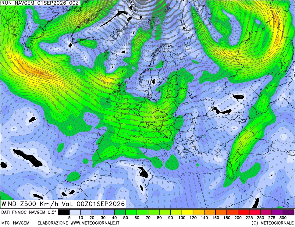 mappa Direzione e forza del vento a 500hPa