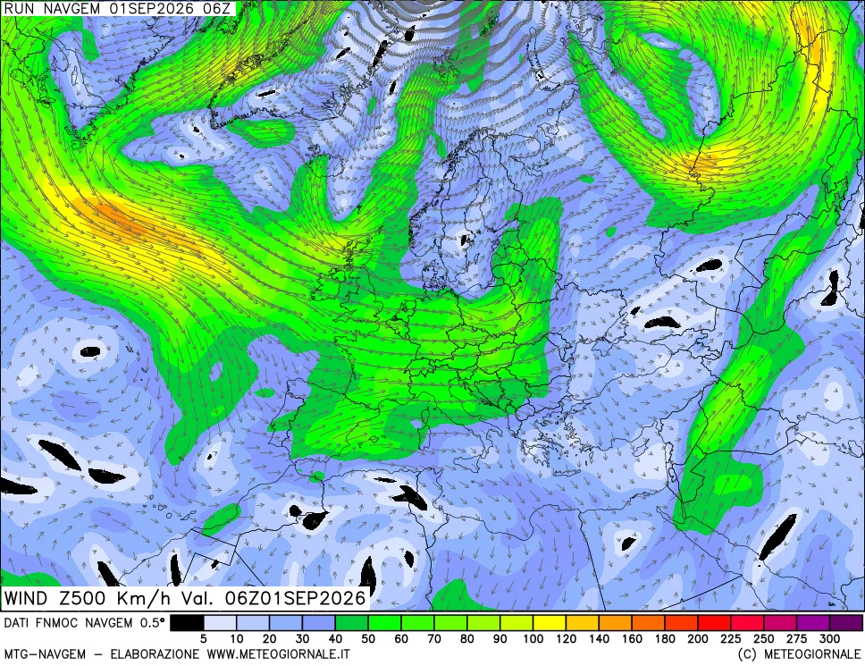 mappa Direzione e forza del vento a 500hPa