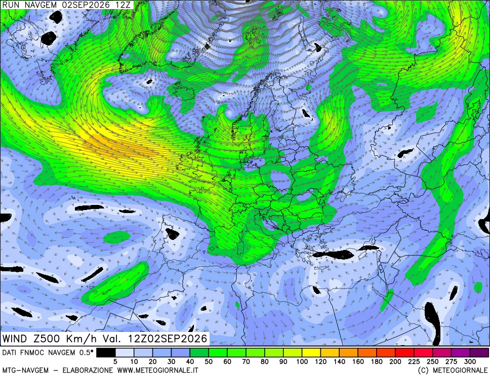 mappa Direzione e forza del vento a 500hPa
