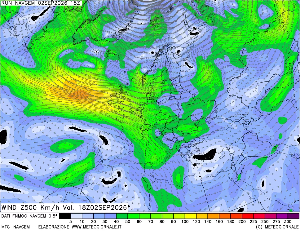 mappa Direzione e forza del vento a 500hPa