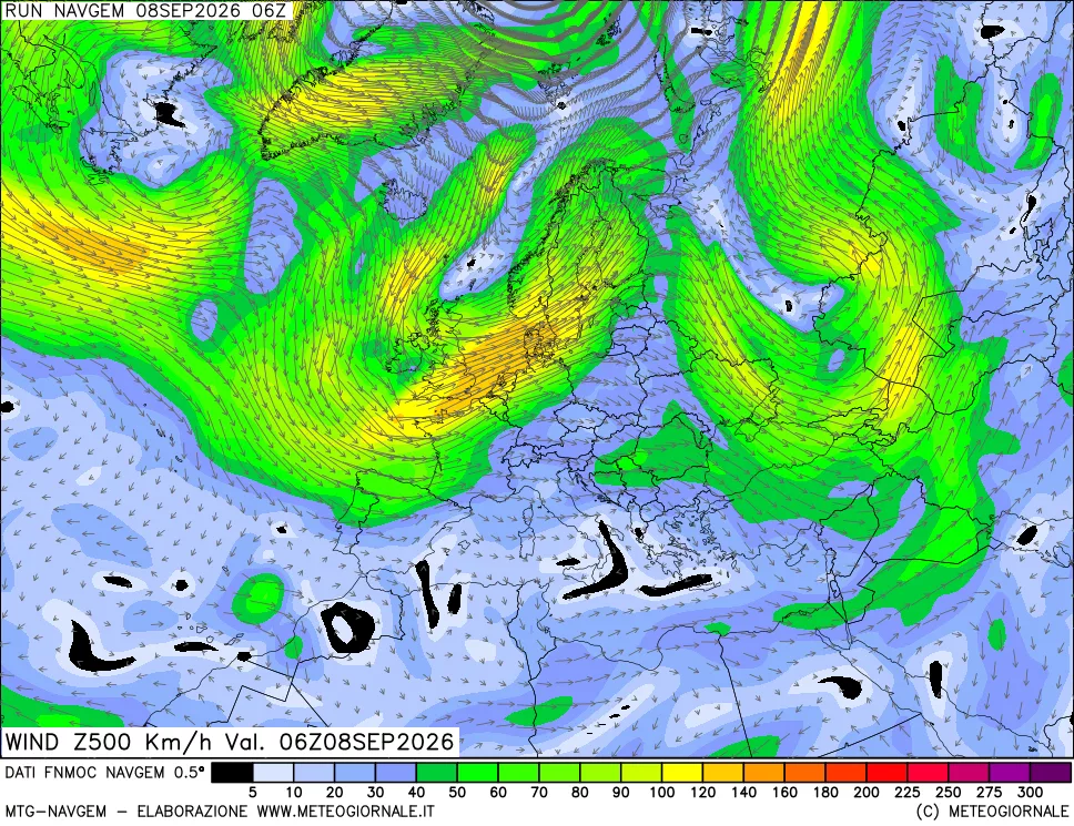 mappa Direzione e forza del vento a 500hPa