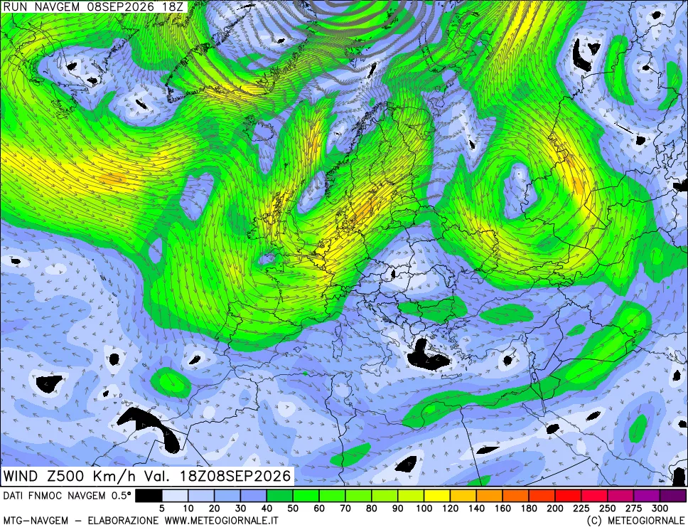 mappa Direzione e forza del vento a 500hPa