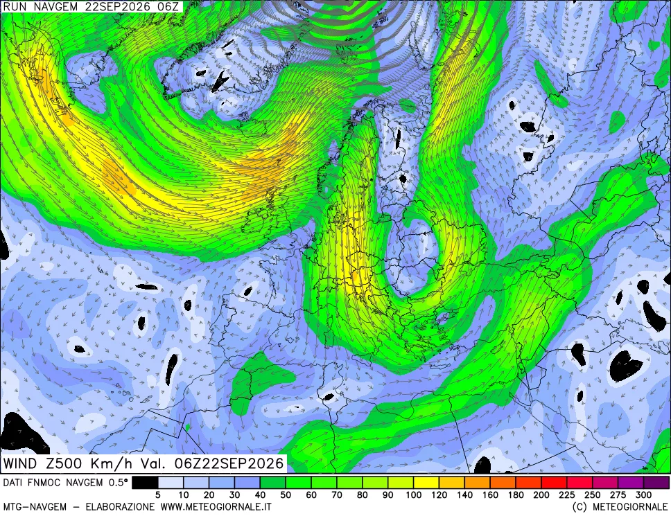 mappa Direzione e forza del vento a 500hPa