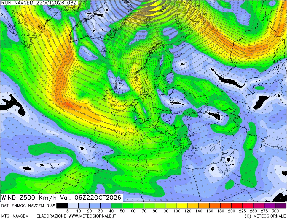 mappa Direzione e forza del vento a 500hPa