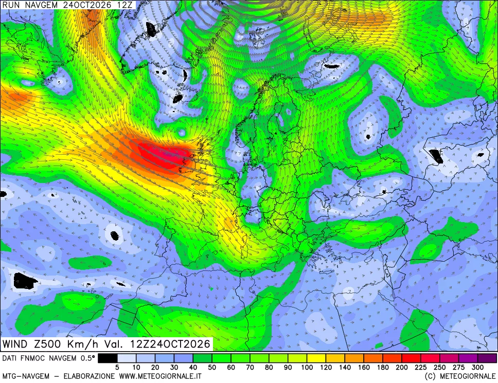 mappa Direzione e forza del vento a 500hPa