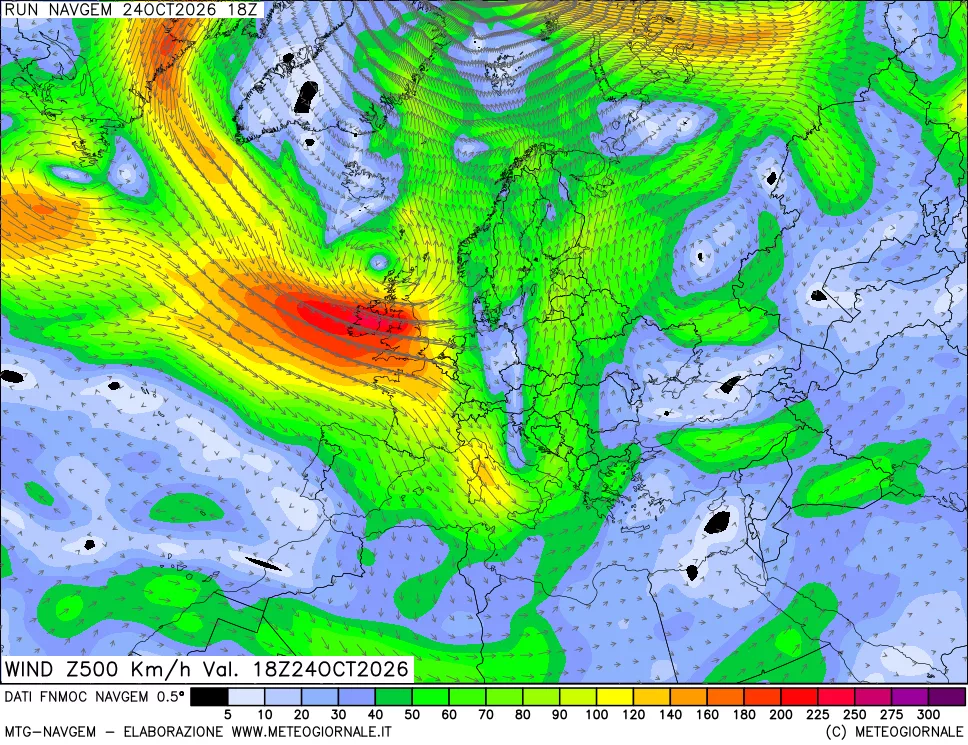 mappa Direzione e forza del vento a 500hPa