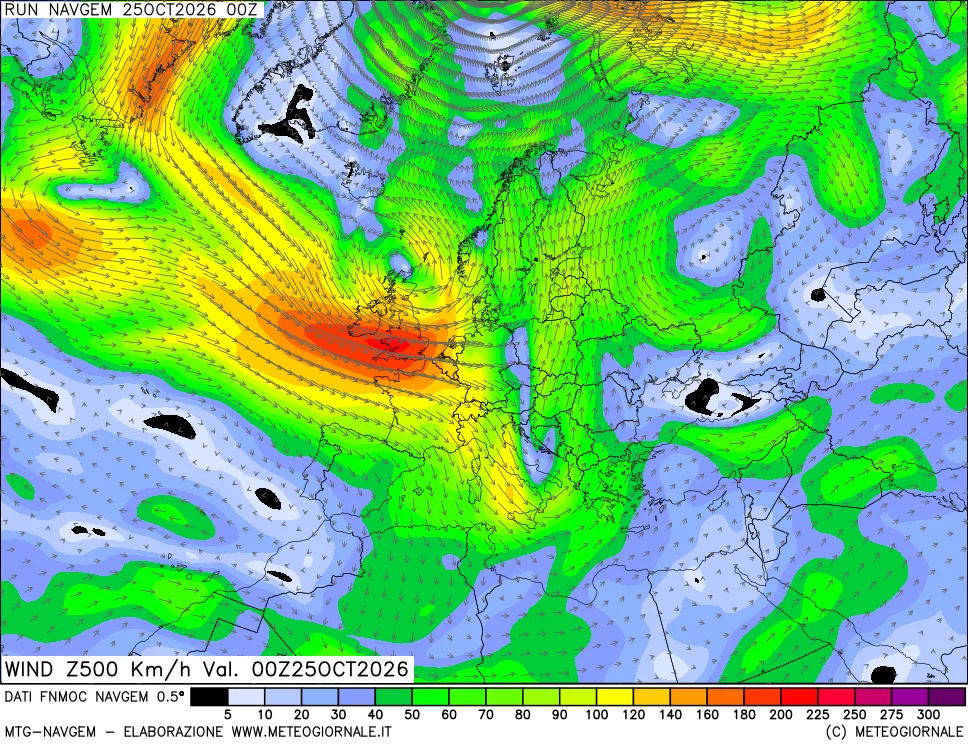 mappa Direzione e forza del vento a 500hPa
