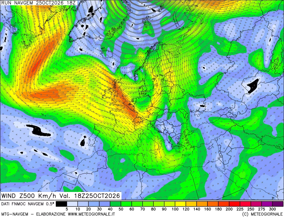 mappa Direzione e forza del vento a 500hPa