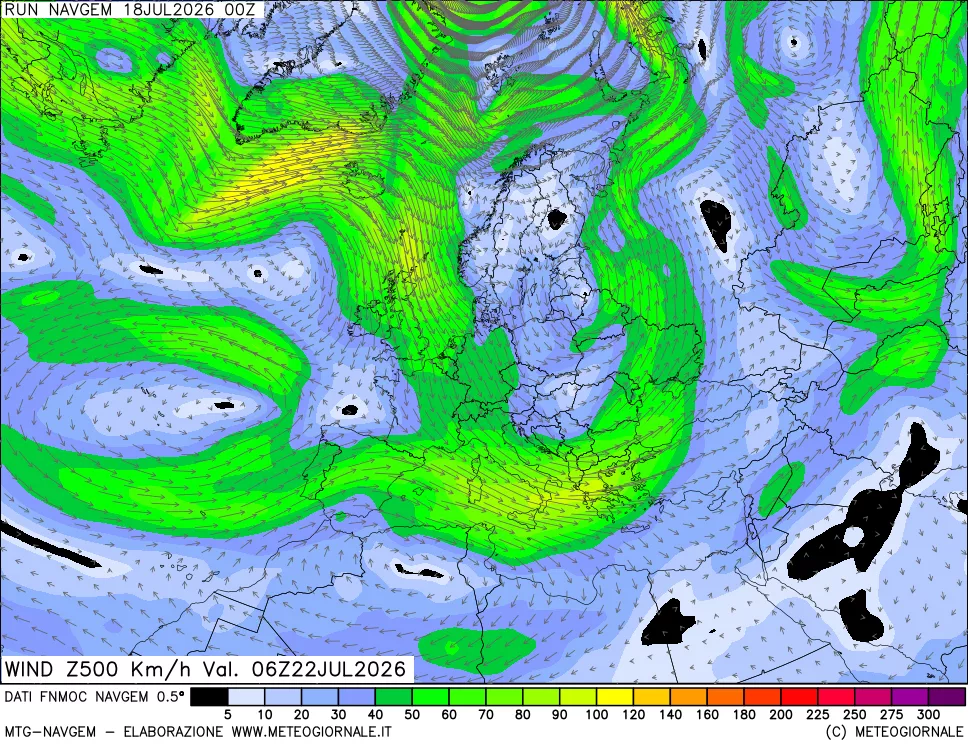 mappa Direzione e forza del vento a 500hPa