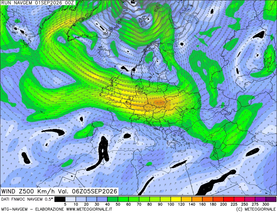 mappa Direzione e forza del vento a 500hPa