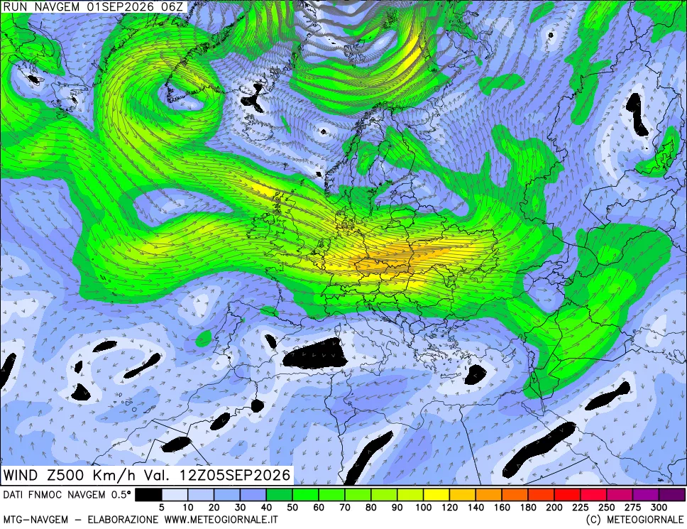 mappa Direzione e forza del vento a 500hPa