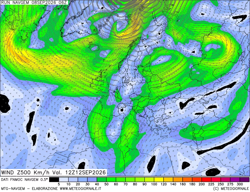 mappa Direzione e forza del vento a 500hPa