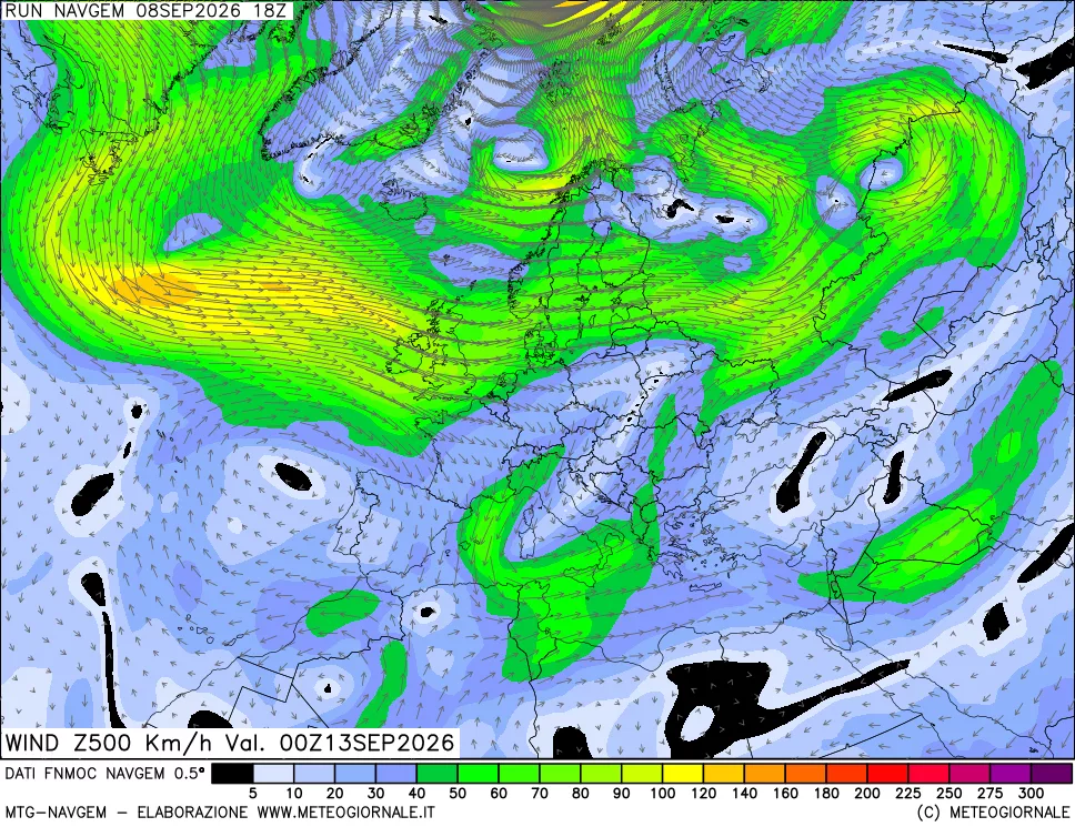 mappa Direzione e forza del vento a 500hPa