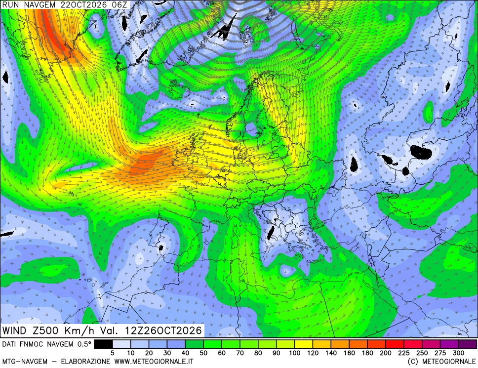 mappa Direzione e forza del vento a 500hPa