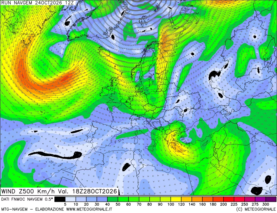 mappa Direzione e forza del vento a 500hPa