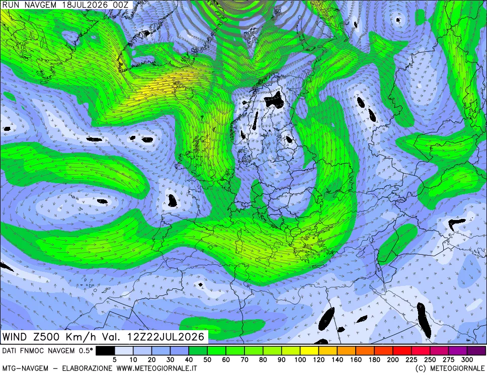 mappa Direzione e forza del vento a 500hPa