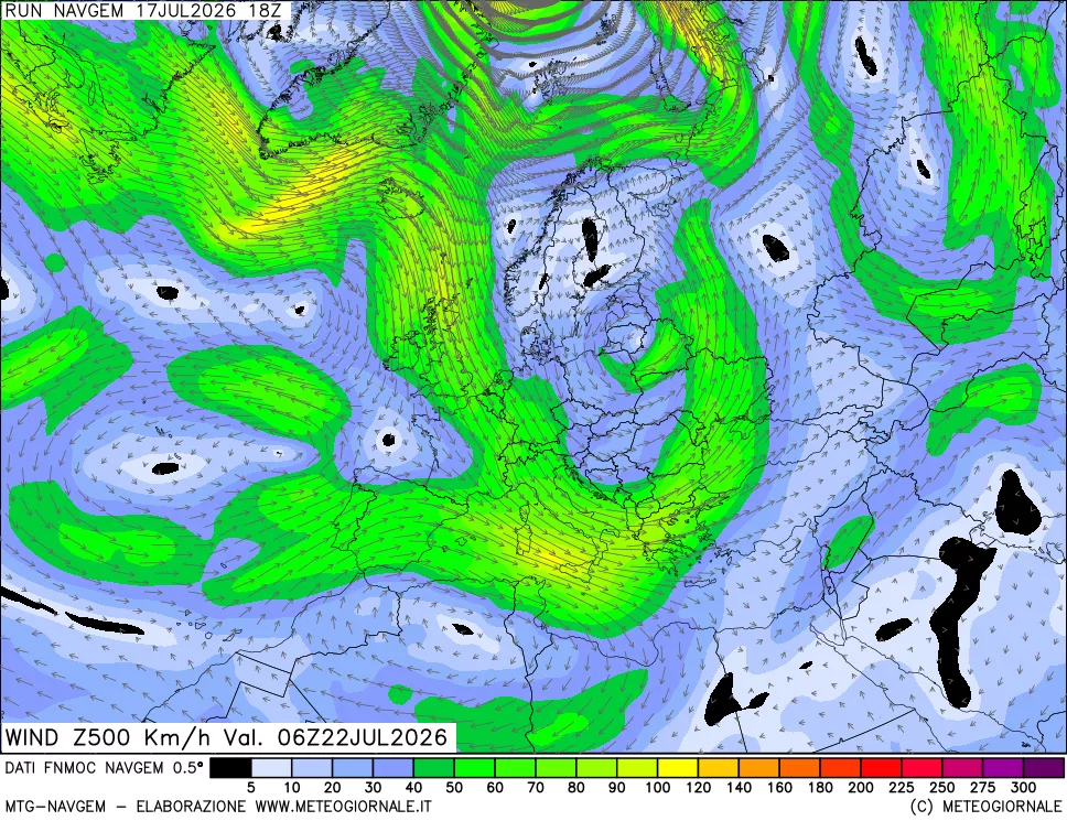 mappa Direzione e forza del vento a 500hPa