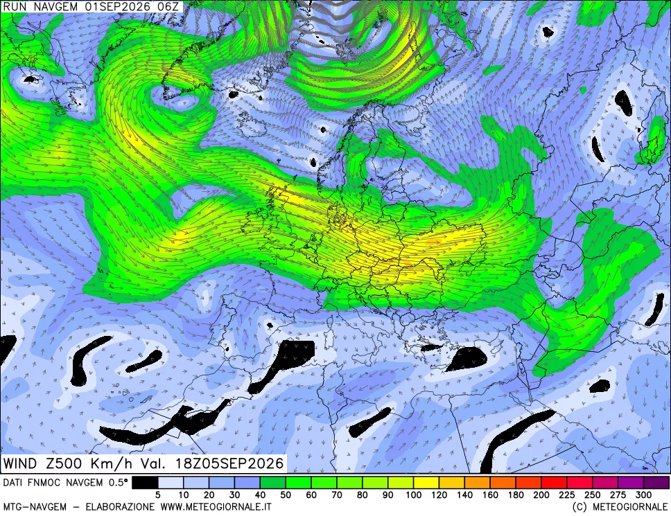 mappa Direzione e forza del vento a 500hPa
