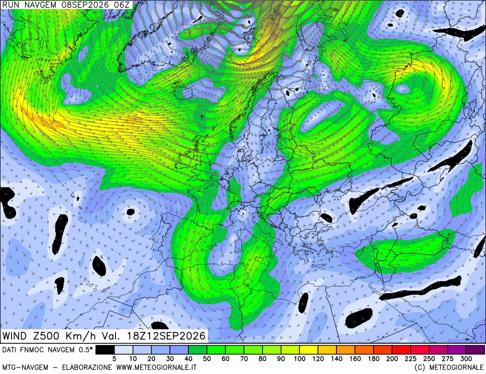 mappa Direzione e forza del vento a 500hPa