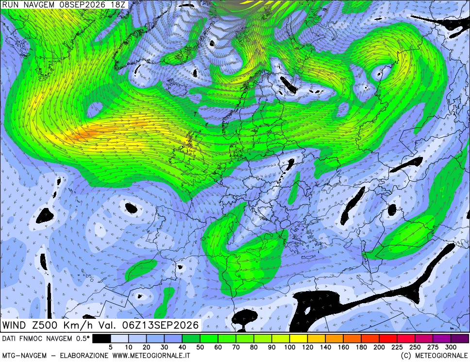 mappa Direzione e forza del vento a 500hPa