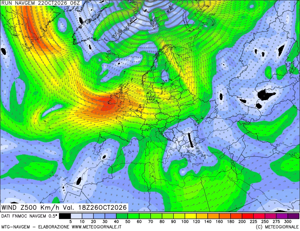 mappa Direzione e forza del vento a 500hPa