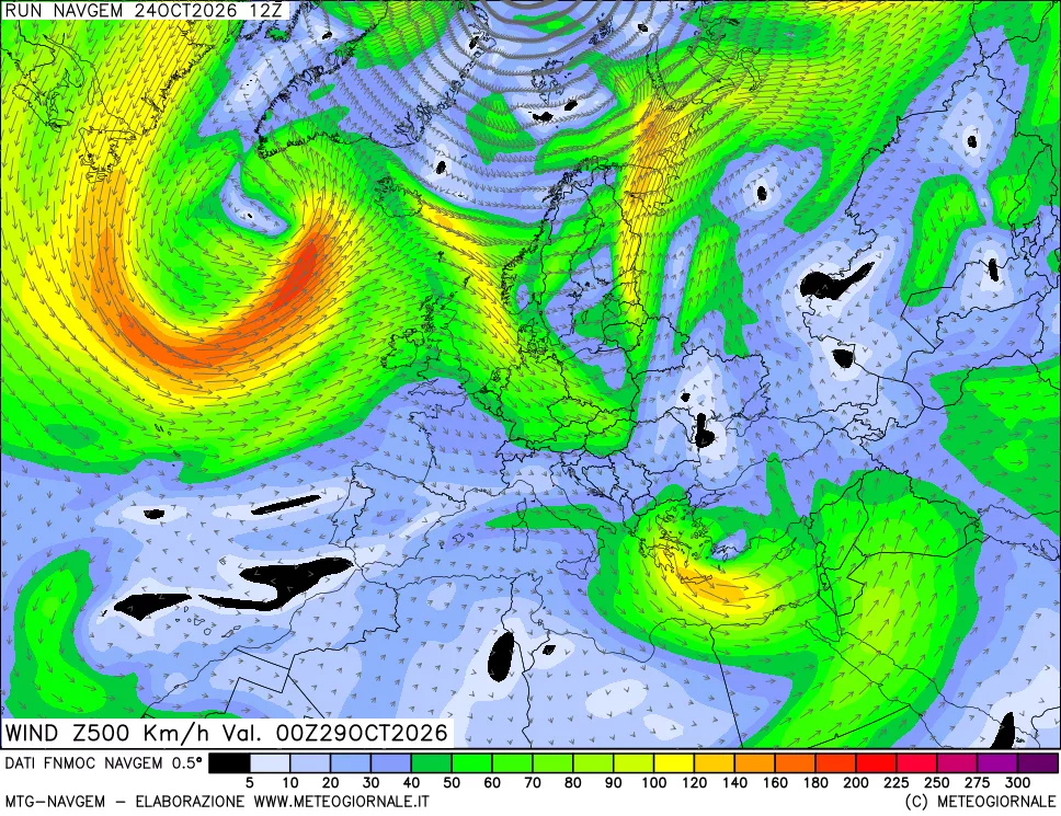 mappa Direzione e forza del vento a 500hPa