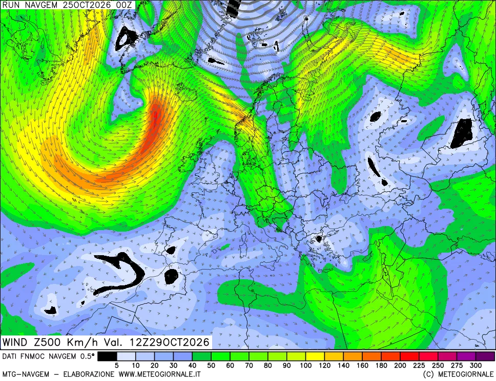 mappa Direzione e forza del vento a 500hPa