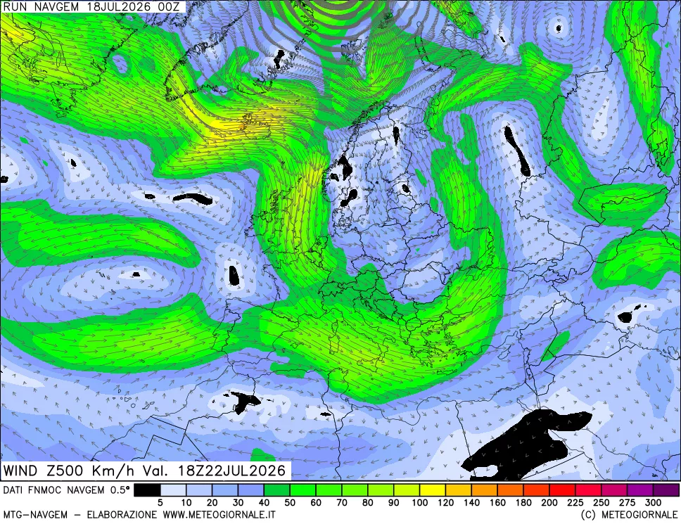 mappa Direzione e forza del vento a 500hPa